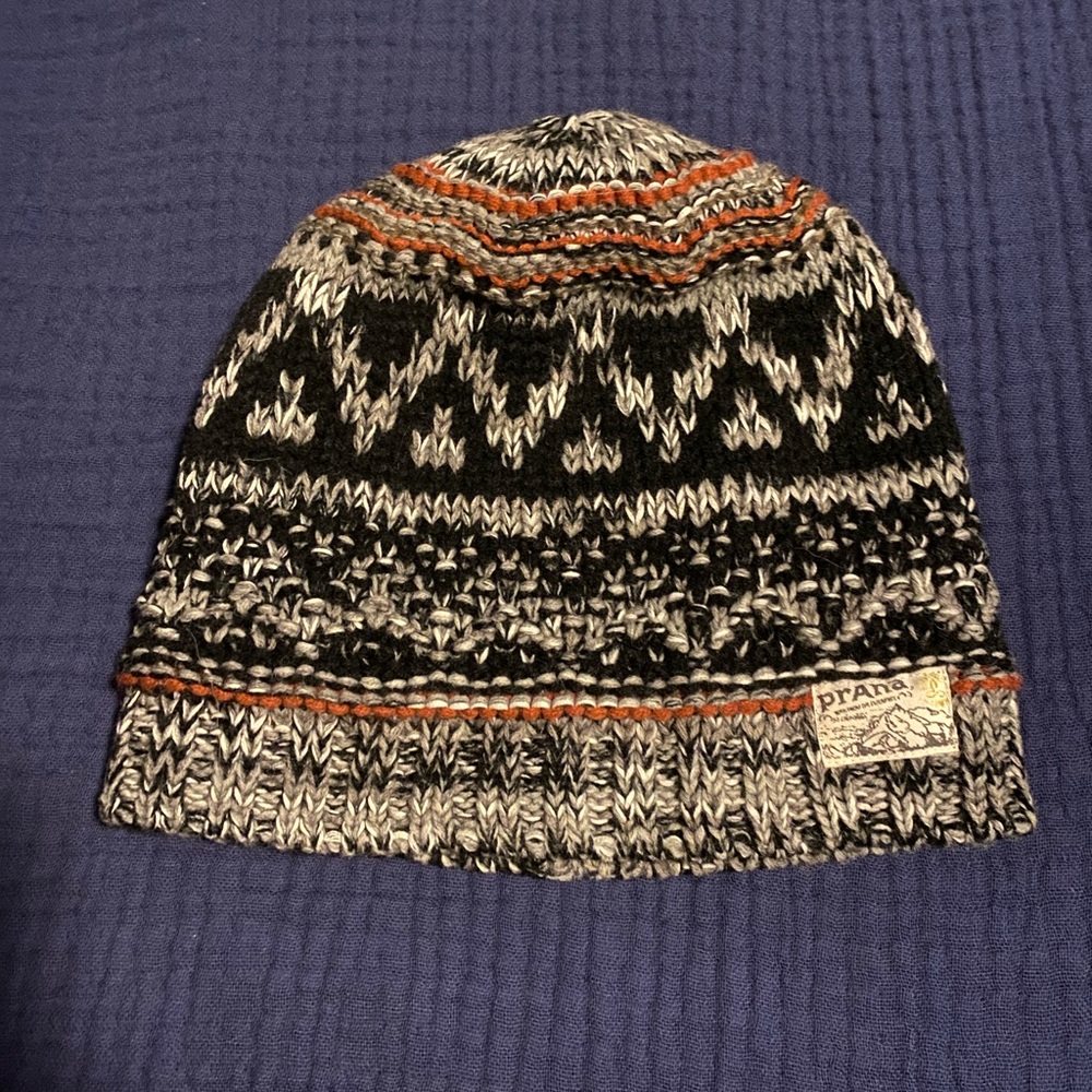 Prana Black and Gray Knit Beanie with Orange Accents